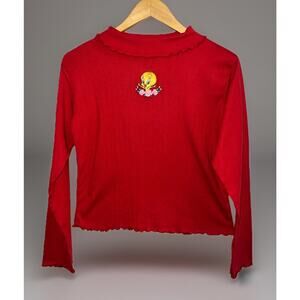 Vtg 1996 Looney Tunes Tweety Bird Top Red Longsleeve Ribbed Pullover -Sz XL (16)
